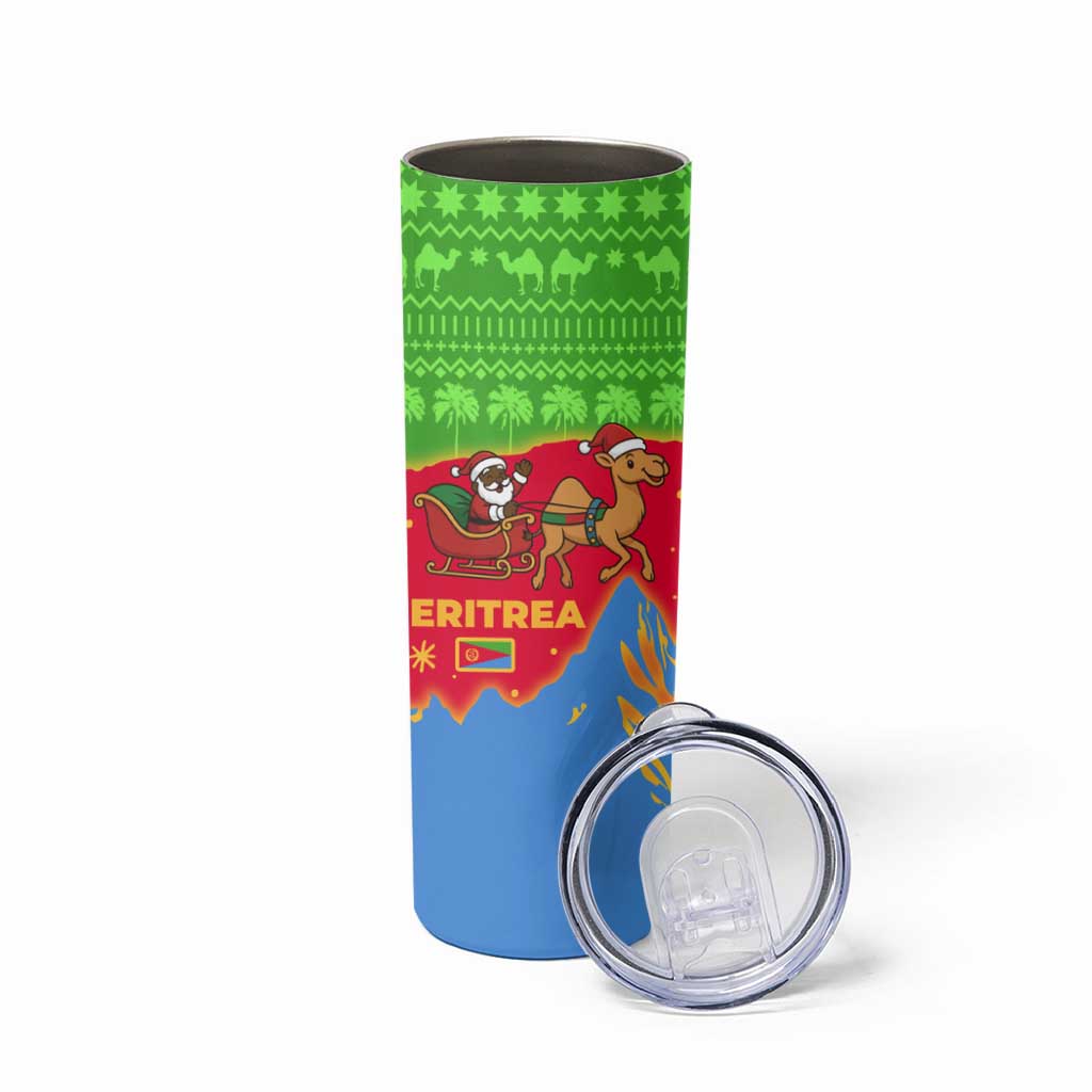 Eritrea Christmas Skinny Tumbler with Santa Claus Camel Sleigh National Emblem and Red Green Blue Pattern - Wonder Print Shop