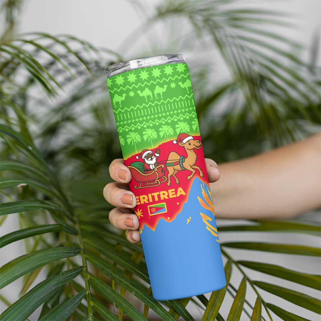 Eritrea Christmas Skinny Tumbler with Santa Claus Camel Sleigh National Emblem and Red Green Blue Pattern - Wonder Print Shop