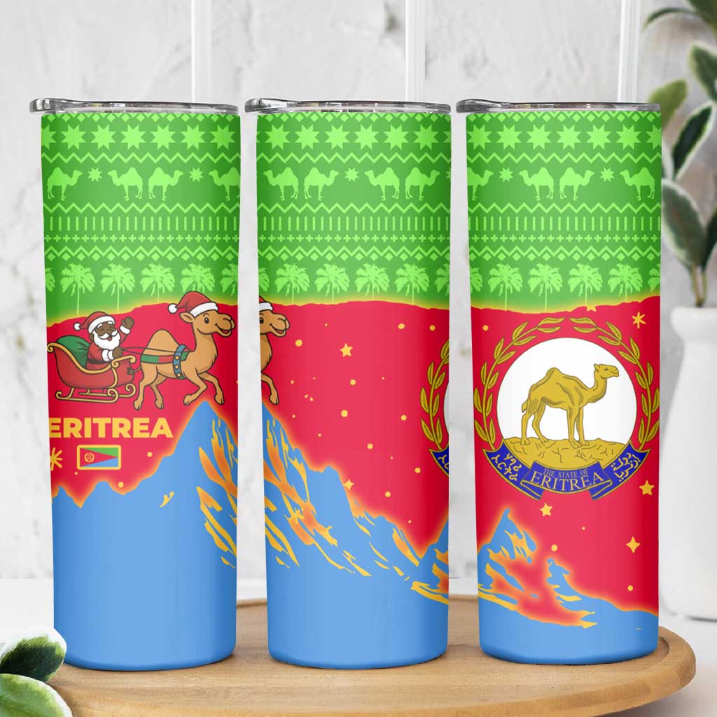 Eritrea Christmas Skinny Tumbler with Santa Claus Camel Sleigh National Emblem and Red Green Blue Pattern - Wonder Print Shop