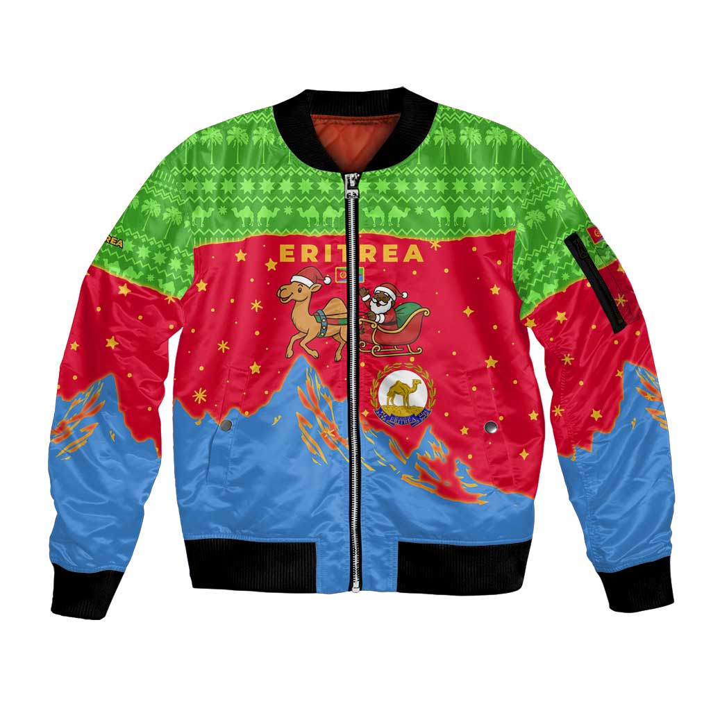 Eritrea Christmas Sleeve Zip Bomber Jacket with Santa Claus Camel Sleigh National Emblem and Red Green Blue Pattern - Wonder Print Shop