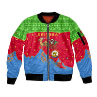 Eritrea Christmas Sleeve Zip Bomber Jacket with Santa Claus Camel Sleigh National Emblem and Red Green Blue Pattern - Wonder Print Shop