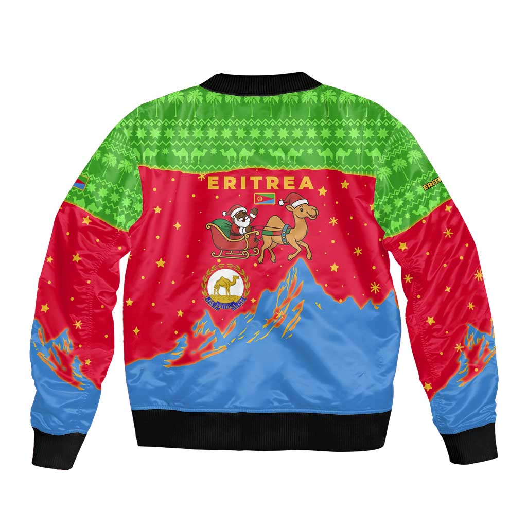 Eritrea Christmas Sleeve Zip Bomber Jacket with Santa Claus Camel Sleigh National Emblem and Red Green Blue Pattern - Wonder Print Shop