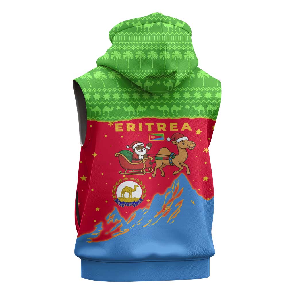 Eritrea Christmas Sleeveless Hoodie with Santa Claus Camel Sleigh National Emblem and Red Green Blue Pattern - Wonder Print Shop