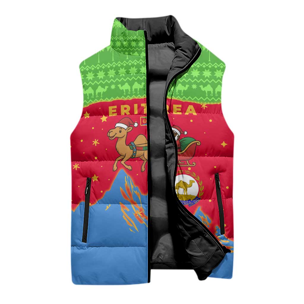 Eritrea Christmas Sleeveless Puffer Jacket with Santa Claus Camel Sleigh National Emblem and Red Green Blue Pattern - Wonder Print Shop