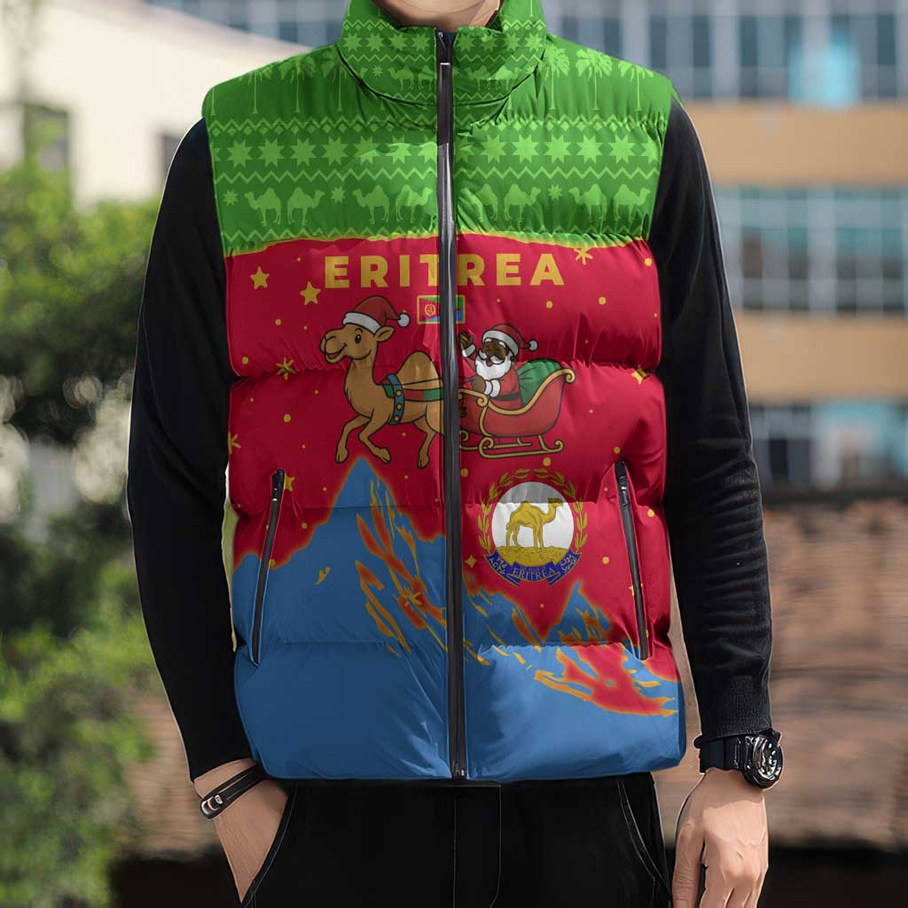 Eritrea Christmas Sleeveless Puffer Jacket with Santa Claus Camel Sleigh National Emblem and Red Green Blue Pattern - Wonder Print Shop