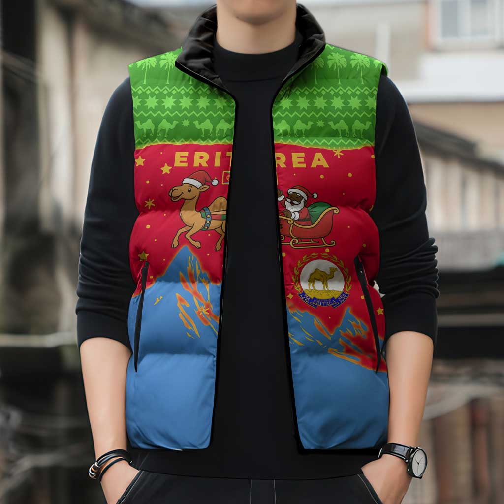 Eritrea Christmas Sleeveless Puffer Jacket with Santa Claus Camel Sleigh National Emblem and Red Green Blue Pattern - Wonder Print Shop