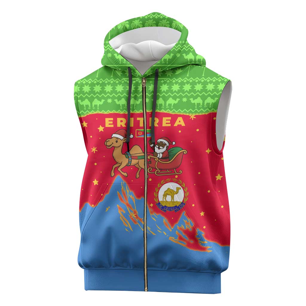 Eritrea Christmas Sleeveless Zip Hoodie with Santa Claus Camel Sleigh National Emblem and Red Green Blue Pattern - Wonder Print Shop