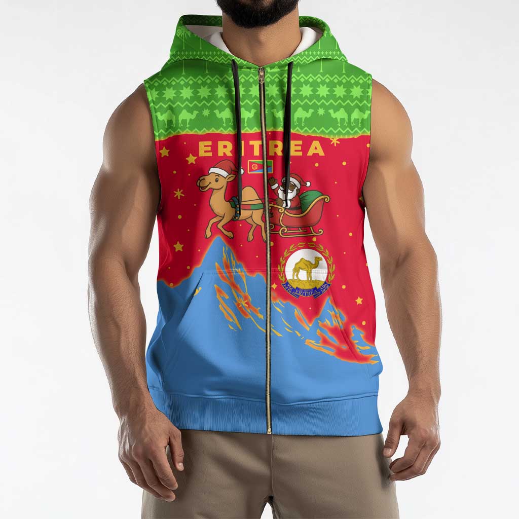 Eritrea Christmas Sleeveless Zip Hoodie with Santa Claus Camel Sleigh National Emblem and Red Green Blue Pattern - Wonder Print Shop