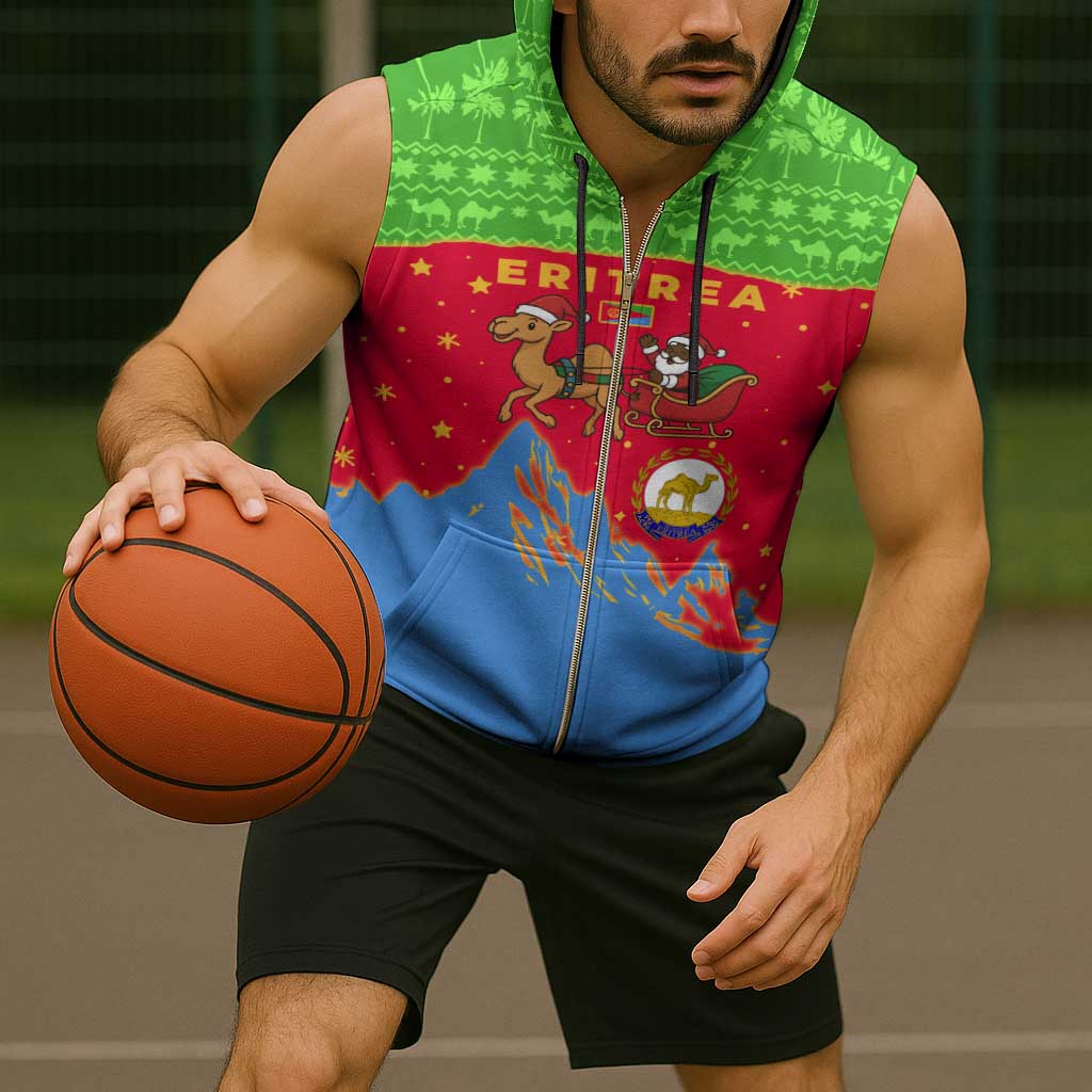 Eritrea Christmas Sleeveless Zip Hoodie with Santa Claus Camel Sleigh National Emblem and Red Green Blue Pattern - Wonder Print Shop