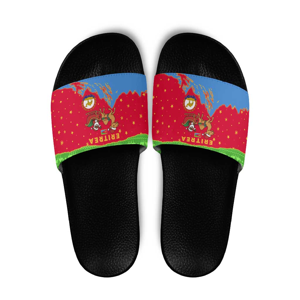 Eritrea Christmas Slide Sandals with Santa Claus Camel Sleigh National Emblem and Red Green Blue Pattern - Wonder Print Shop