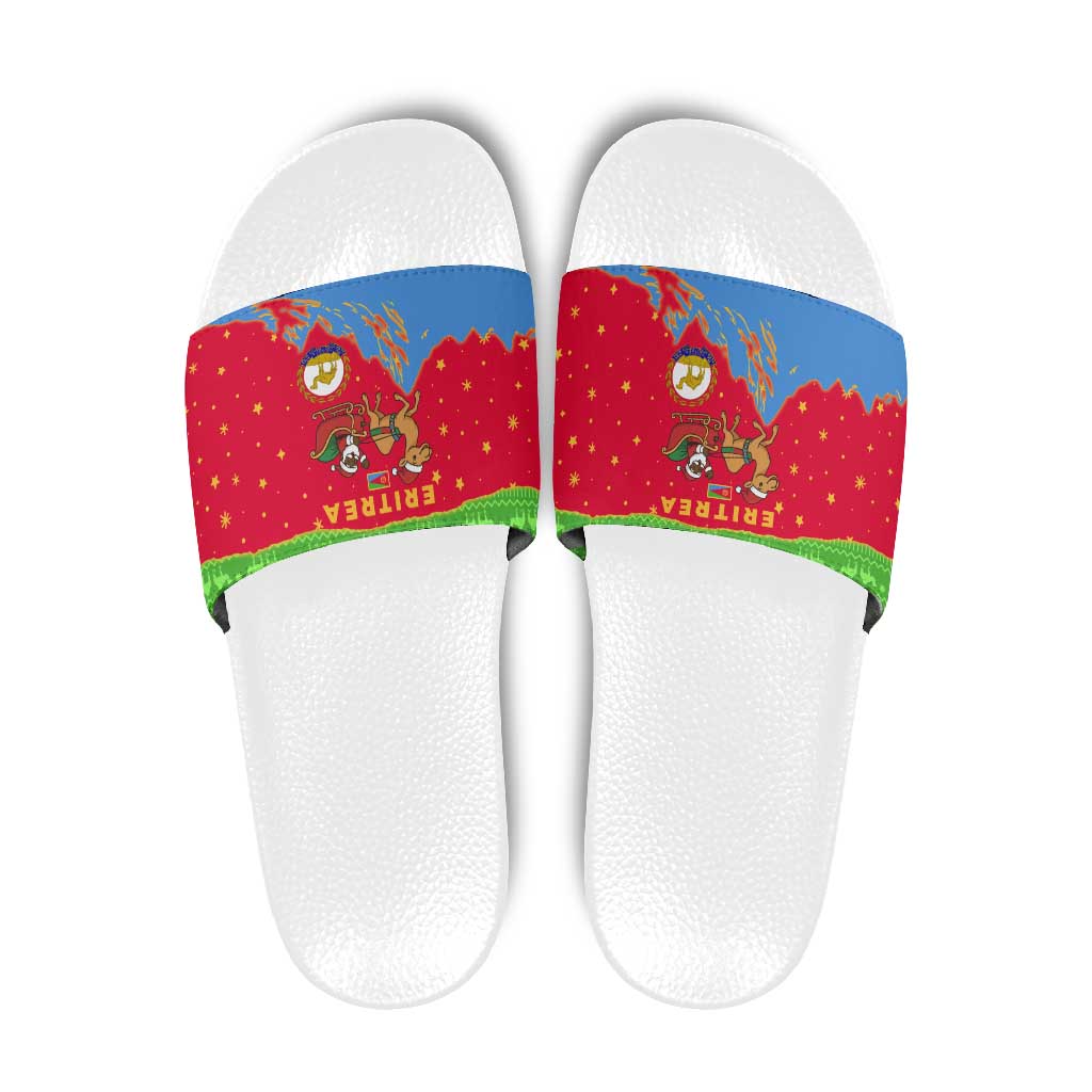 Eritrea Christmas Slide Sandals with Santa Claus Camel Sleigh National Emblem and Red Green Blue Pattern - Wonder Print Shop