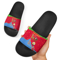 Eritrea Christmas Slide Sandals with Santa Claus Camel Sleigh National Emblem and Red Green Blue Pattern - Wonder Print Shop