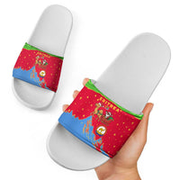Eritrea Christmas Slide Sandals with Santa Claus Camel Sleigh National Emblem and Red Green Blue Pattern - Wonder Print Shop