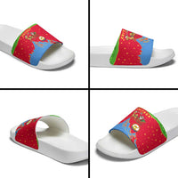 Eritrea Christmas Slide Sandals with Santa Claus Camel Sleigh National Emblem and Red Green Blue Pattern - Wonder Print Shop