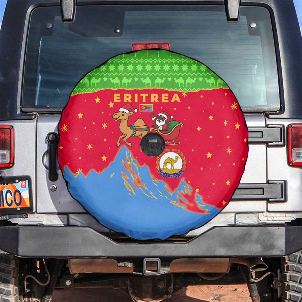 Eritrea Christmas Spare Tire Cover with Santa Claus Camel Sleigh National Emblem and Red Green Blue Pattern - Wonder Print Shop
