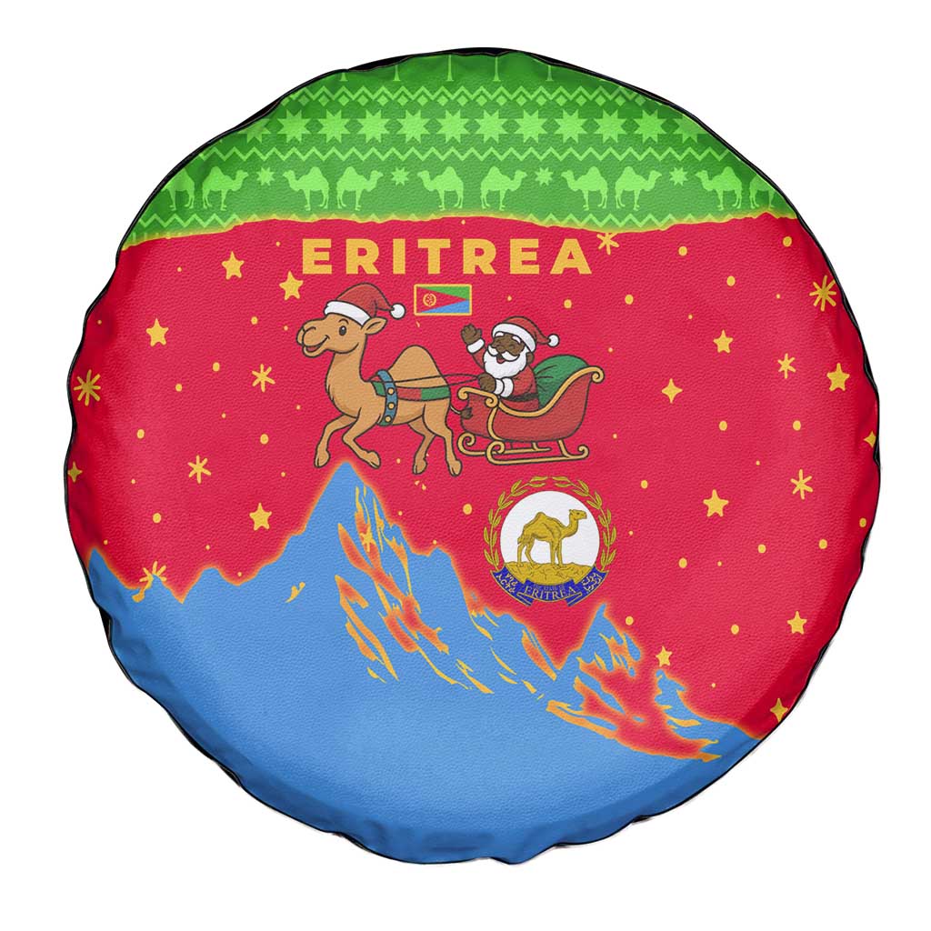 Eritrea Christmas Spare Tire Cover with Santa Claus Camel Sleigh National Emblem and Red Green Blue Pattern - Wonder Print Shop