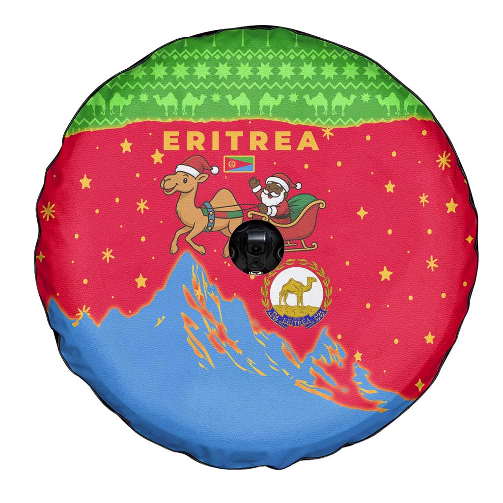 Eritrea Christmas Spare Tire Cover with Santa Claus Camel Sleigh National Emblem and Red Green Blue Pattern - Wonder Print Shop
