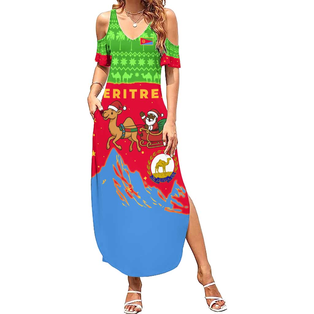 Eritrea Christmas Summer Maxi Dress with Santa Claus Camel Sleigh National Emblem and Red Green Blue Pattern - Wonder Print Shop