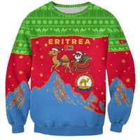 Eritrea Christmas Sweatshirt with Santa Claus Camel Sleigh National Emblem and Red Green Blue Pattern - Wonder Print Shop