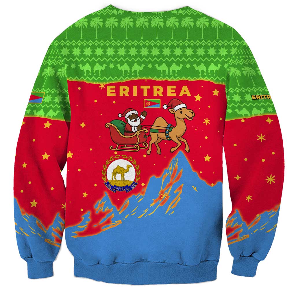 Eritrea Christmas Sweatshirt with Santa Claus Camel Sleigh National Emblem and Red Green Blue Pattern - Wonder Print Shop