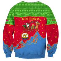Eritrea Christmas Sweatshirt with Santa Claus Camel Sleigh National Emblem and Red Green Blue Pattern - Wonder Print Shop