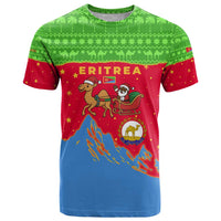 Eritrea Christmas T Shirt with Santa Claus Camel Sleigh National Emblem and Red Green Blue Pattern - Wonder Print Shop