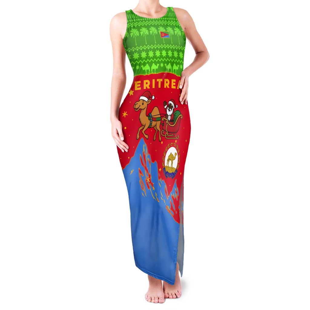 Eritrea Christmas Tank Maxi Dress with Santa Claus Camel Sleigh National Emblem and Red Green Blue Pattern - Wonder Print Shop