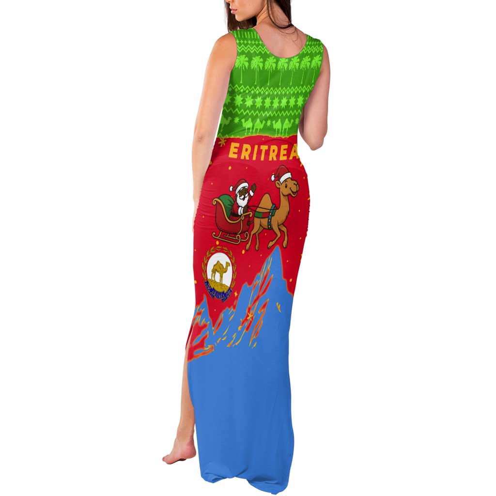 Eritrea Christmas Tank Maxi Dress with Santa Claus Camel Sleigh National Emblem and Red Green Blue Pattern - Wonder Print Shop