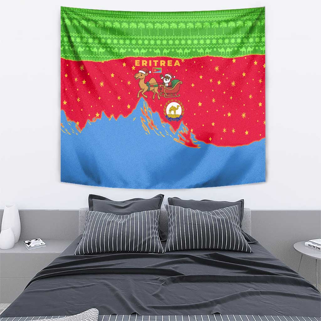 Eritrea Christmas Tapestry with Santa Claus Camel Sleigh National Emblem and Red Green Blue Pattern - Wonder Print Shop