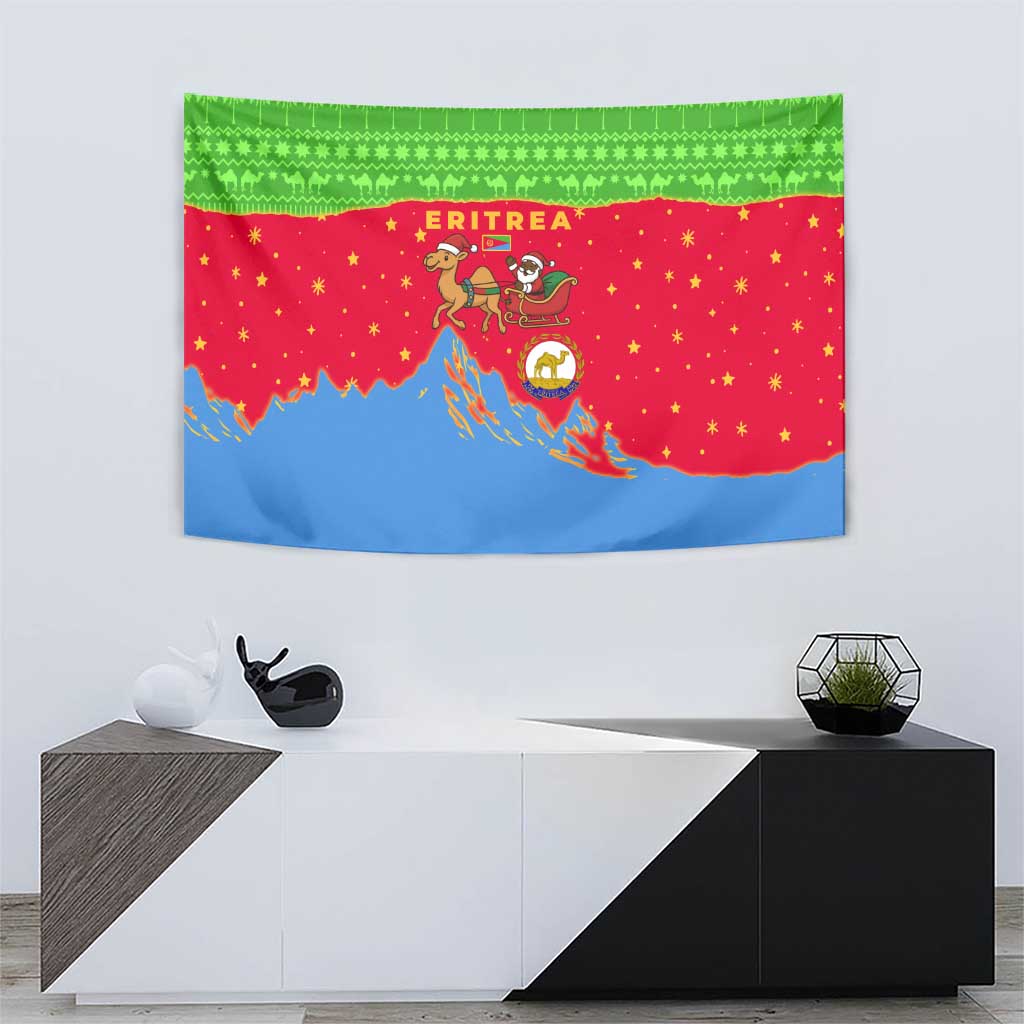 Eritrea Christmas Tapestry with Santa Claus Camel Sleigh National Emblem and Red Green Blue Pattern - Wonder Print Shop