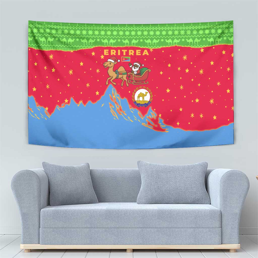 Eritrea Christmas Tapestry with Santa Claus Camel Sleigh National Emblem and Red Green Blue Pattern - Wonder Print Shop