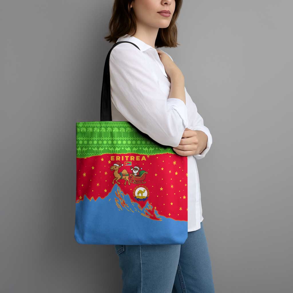 Eritrea Christmas Tote Bag with Santa Claus Camel Sleigh National Emblem and Red Green Blue Pattern - Wonder Print Shop
