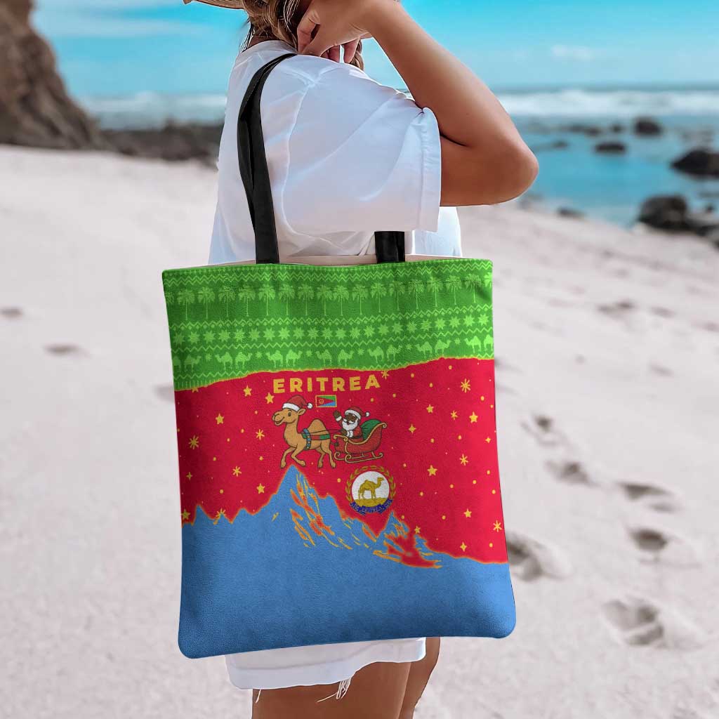 Eritrea Christmas Tote Bag with Santa Claus Camel Sleigh National Emblem and Red Green Blue Pattern - Wonder Print Shop