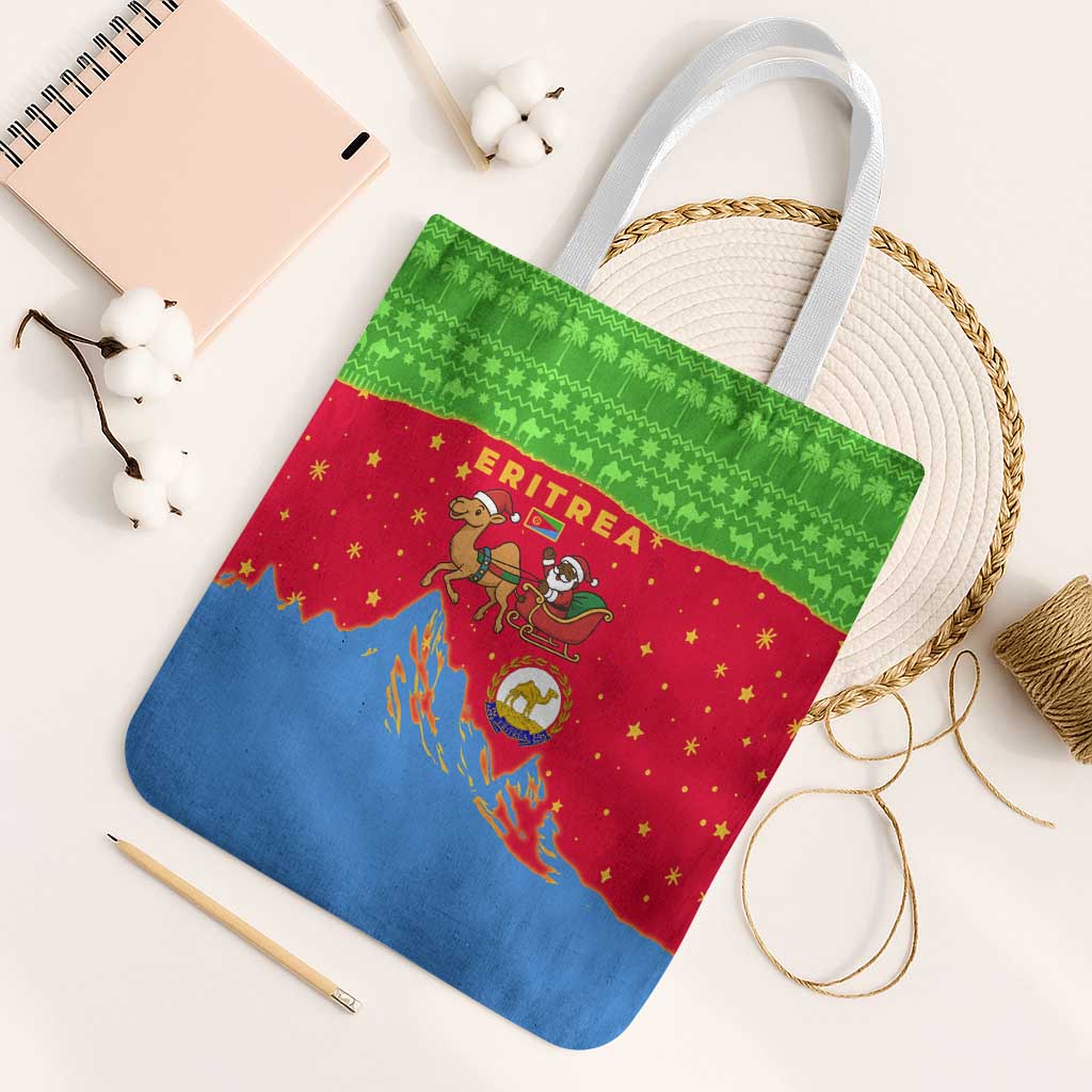 Eritrea Christmas Tote Bag with Santa Claus Camel Sleigh National Emblem and Red Green Blue Pattern - Wonder Print Shop