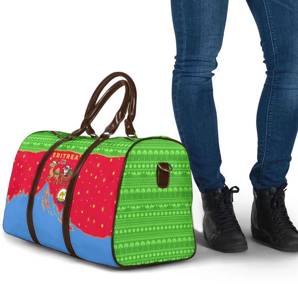 Eritrea Christmas Travel Bag with Santa Claus Camel Sleigh National Emblem and Red Green Blue Pattern - Wonder Print Shop
