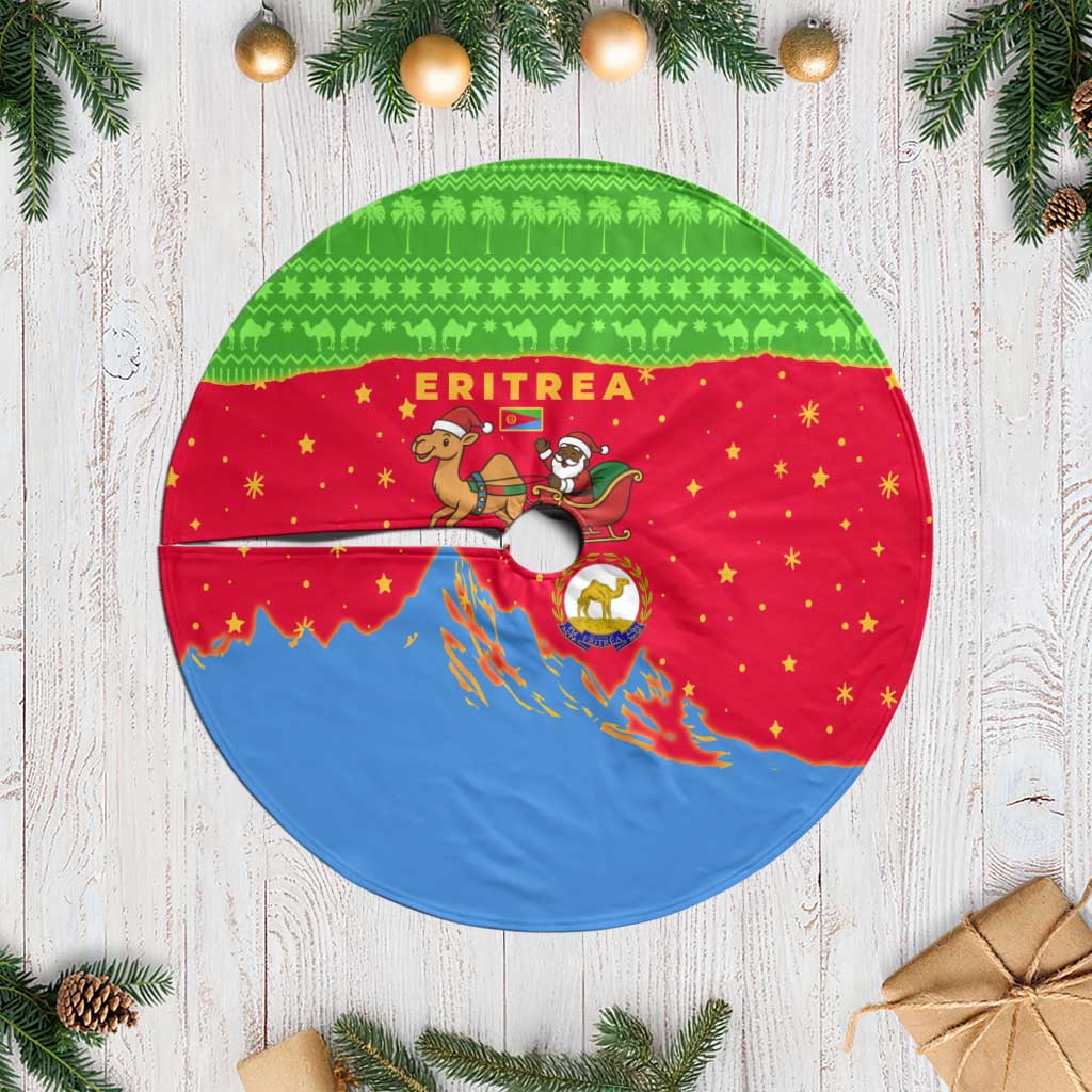 Eritrea Christmas Tree Skirt with Santa Claus Camel Sleigh National Emblem and Red Green Blue Pattern - Wonder Print Shop