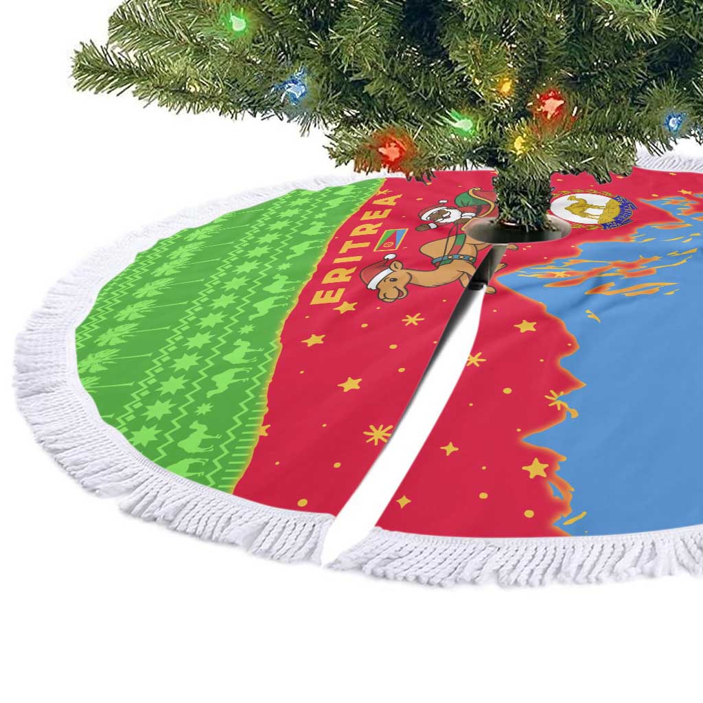 Eritrea Christmas Tree Skirt with Santa Claus Camel Sleigh National Emblem and Red Green Blue Pattern - Wonder Print Shop