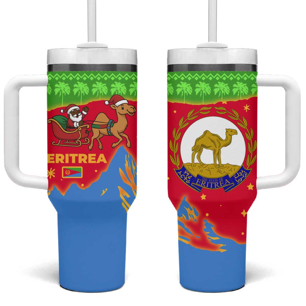 Eritrea Christmas Tumbler With Handle with Santa Claus Camel Sleigh National Emblem and Red Green Blue Pattern - Wonder Print Shop