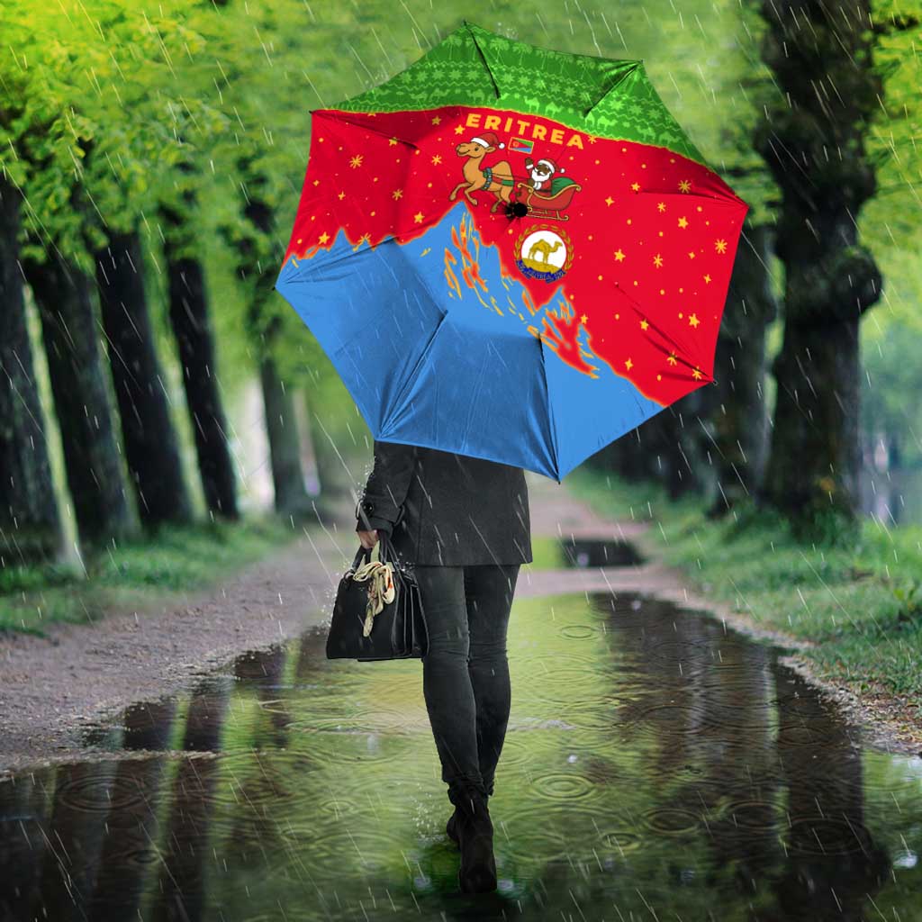 Eritrea Christmas Umbrella with Santa Claus Camel Sleigh National Emblem and Red Green Blue Pattern - Wonder Print Shop