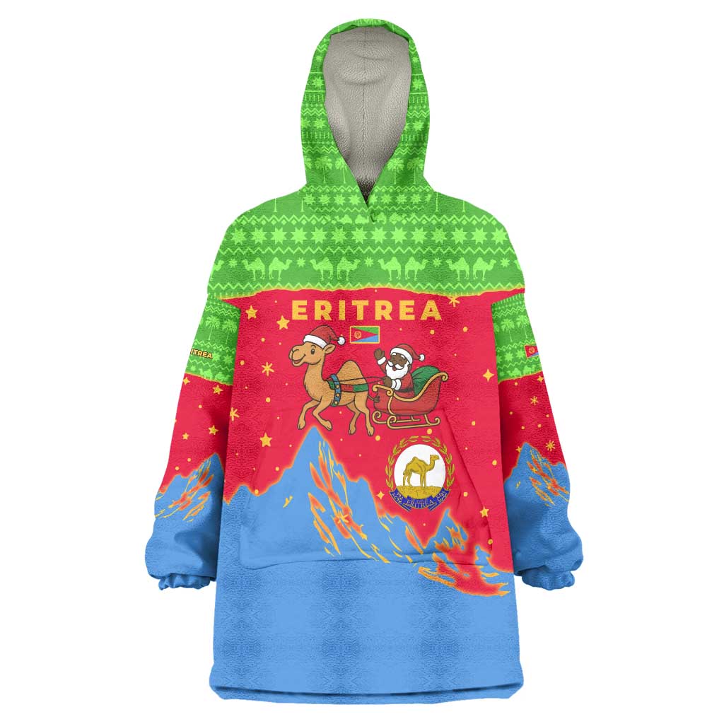 Eritrea Christmas Wearable Blanket Hoodie with Santa Claus Camel Sleigh National Emblem and Red Green Blue Pattern - Wonder Print Shop