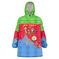 Eritrea Christmas Wearable Blanket Hoodie with Santa Claus Camel Sleigh National Emblem and Red Green Blue Pattern - Wonder Print Shop