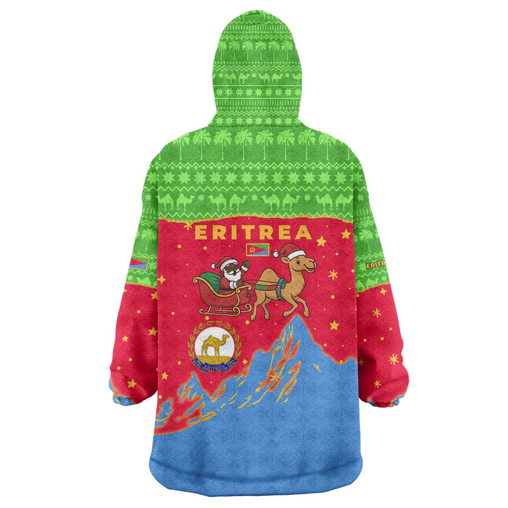 Eritrea Christmas Wearable Blanket Hoodie with Santa Claus Camel Sleigh National Emblem and Red Green Blue Pattern - Wonder Print Shop