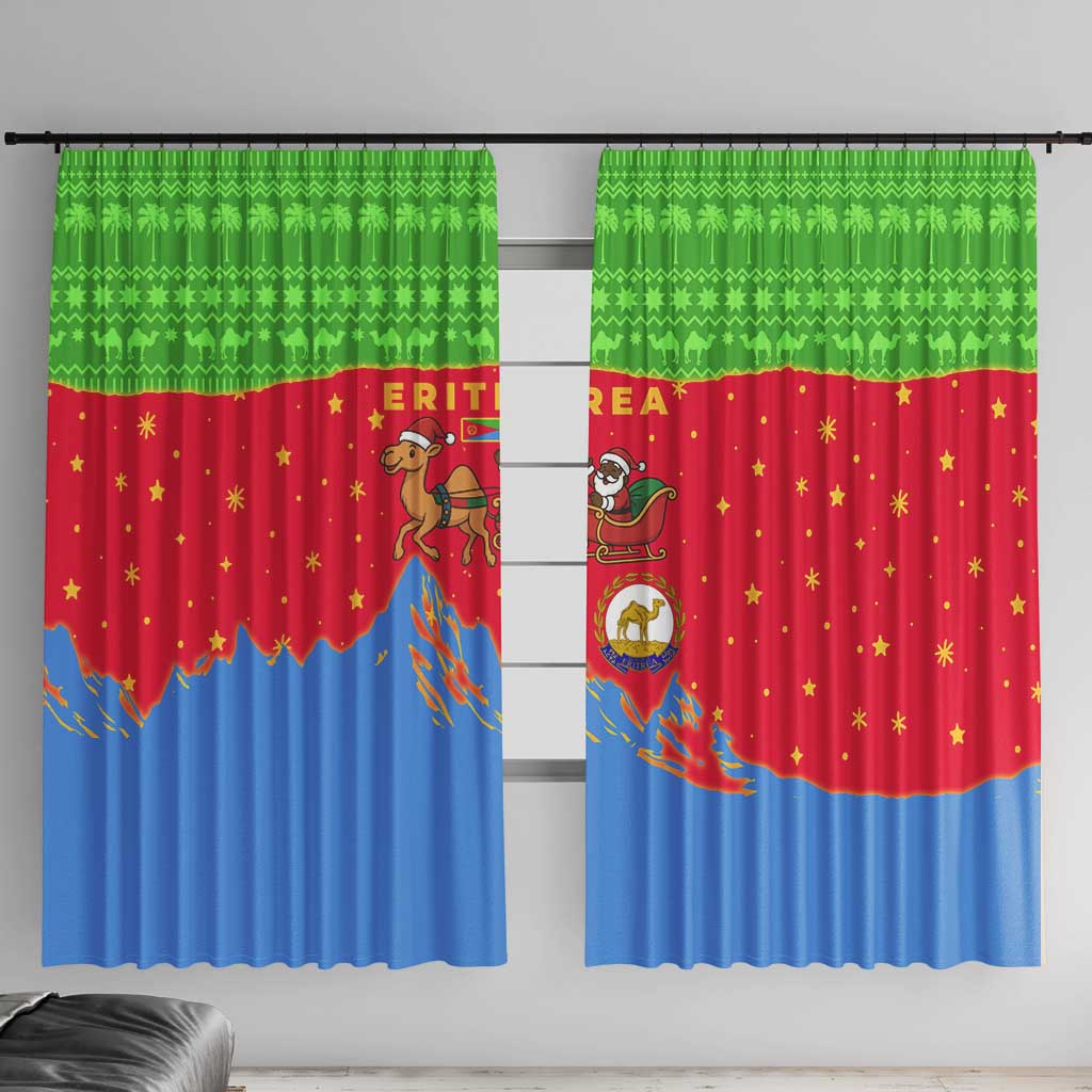 Eritrea Christmas Window Curtain with Santa Claus Camel Sleigh National Emblem and Red Green Blue Pattern - Wonder Print Shop