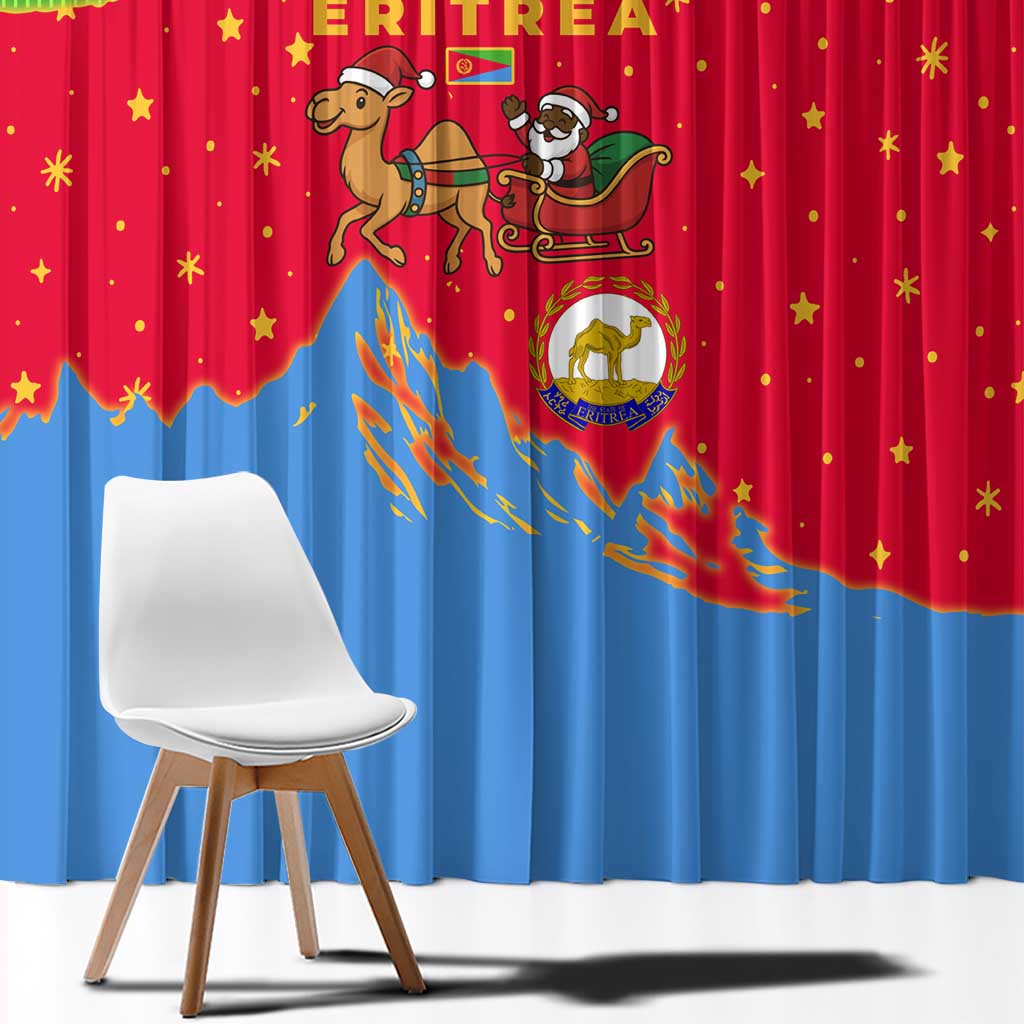Eritrea Christmas Window Curtain with Santa Claus Camel Sleigh National Emblem and Red Green Blue Pattern - Wonder Print Shop