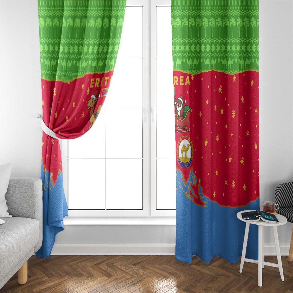 Eritrea Christmas Window Curtain with Santa Claus Camel Sleigh National Emblem and Red Green Blue Pattern - Wonder Print Shop