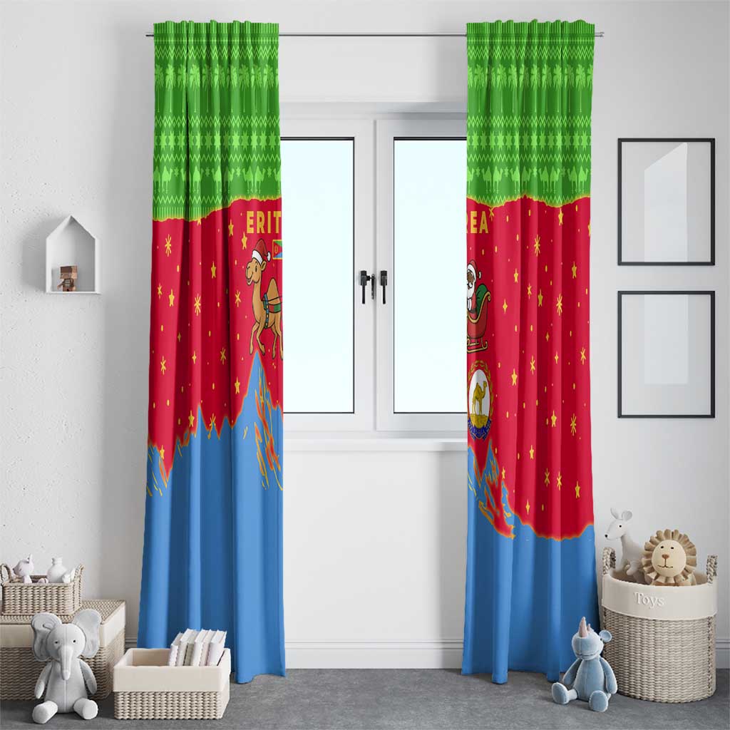 Eritrea Christmas Window Curtain with Santa Claus Camel Sleigh National Emblem and Red Green Blue Pattern - Wonder Print Shop