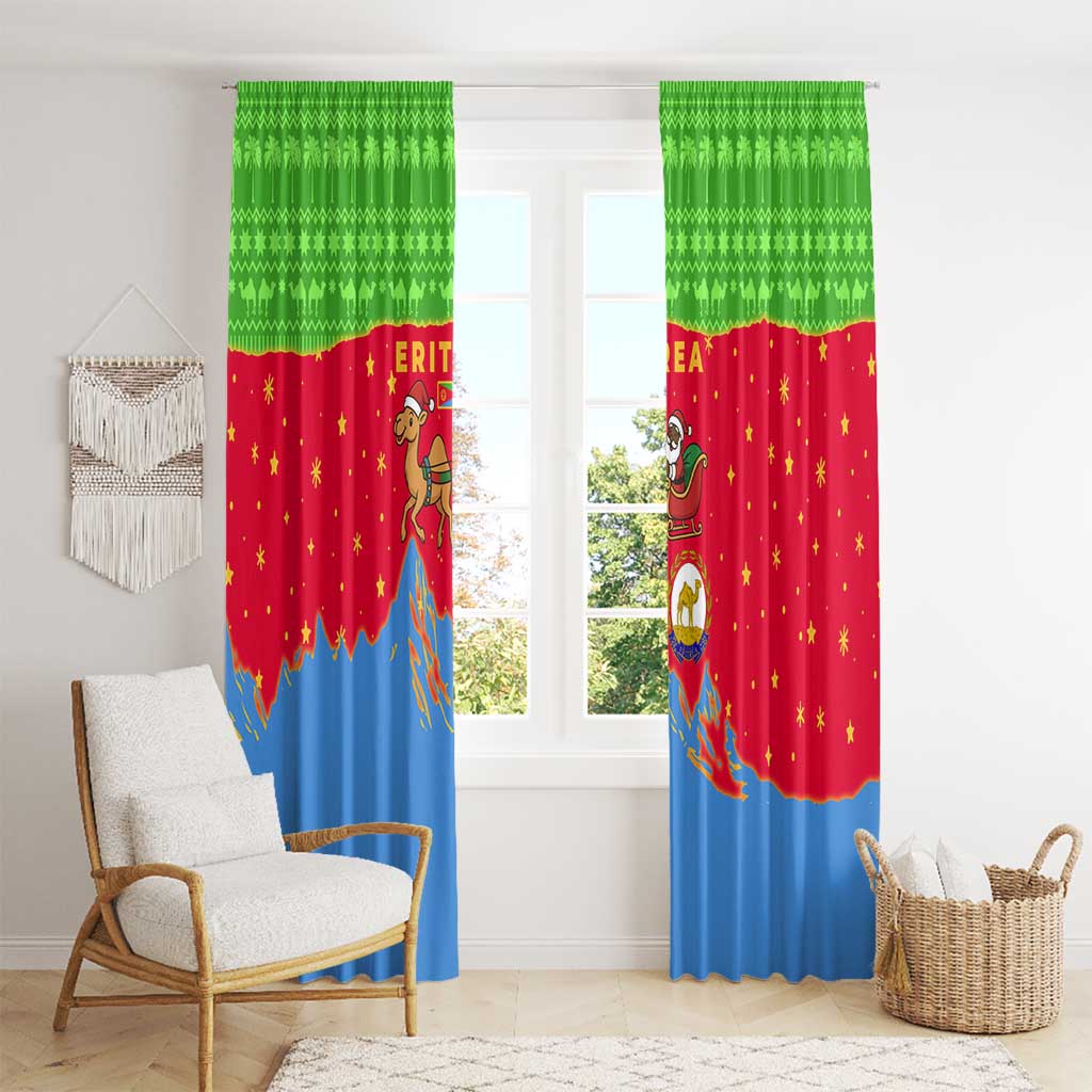 Eritrea Christmas Window Curtain with Santa Claus Camel Sleigh National Emblem and Red Green Blue Pattern - Wonder Print Shop