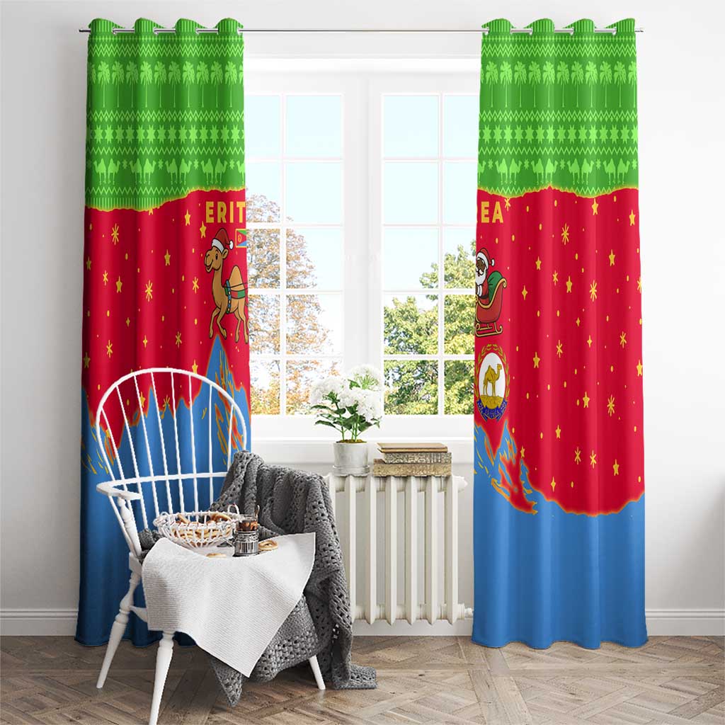 Eritrea Christmas Window Curtain with Santa Claus Camel Sleigh National Emblem and Red Green Blue Pattern - Wonder Print Shop