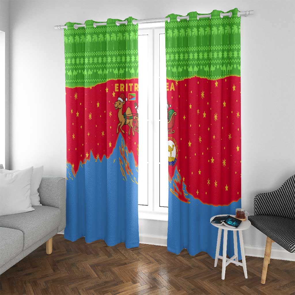 Eritrea Christmas Window Curtain with Santa Claus Camel Sleigh National Emblem and Red Green Blue Pattern - Wonder Print Shop