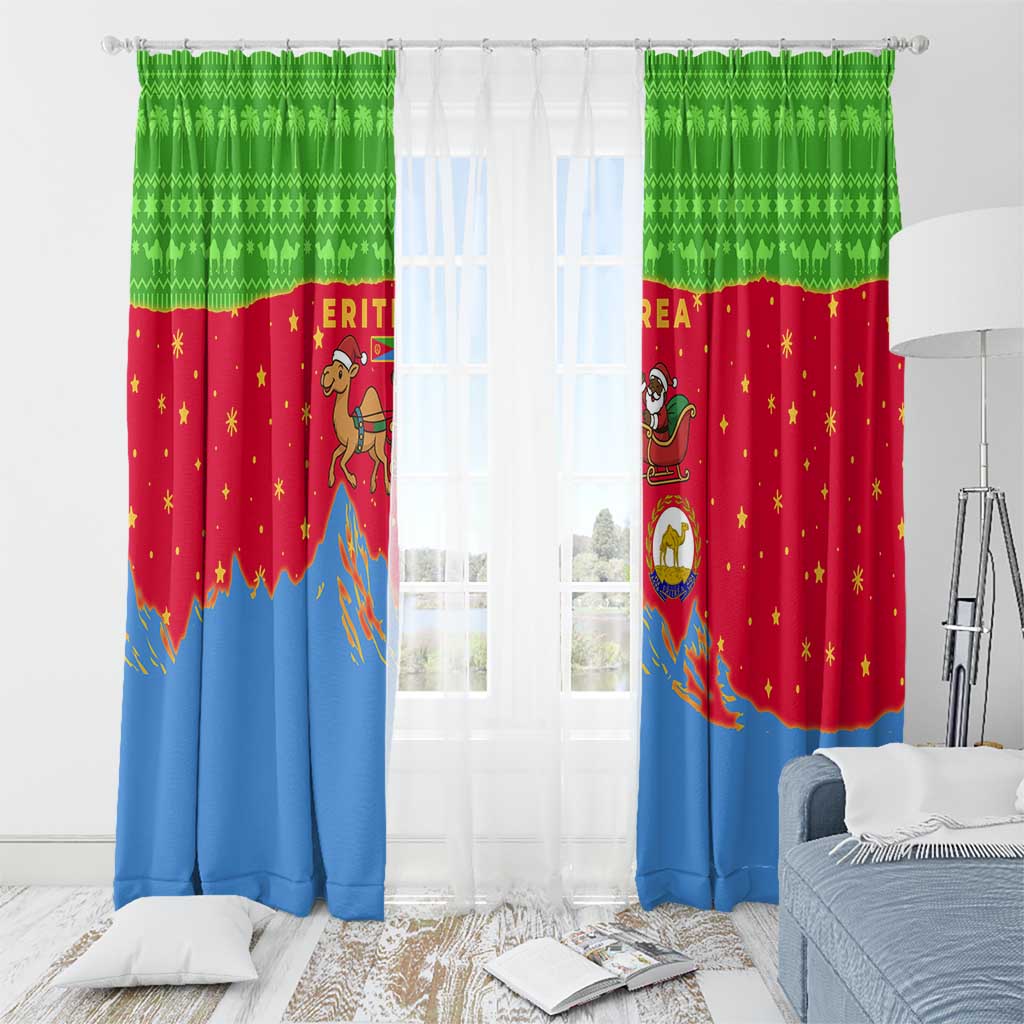 Eritrea Christmas Window Curtain with Santa Claus Camel Sleigh National Emblem and Red Green Blue Pattern - Wonder Print Shop
